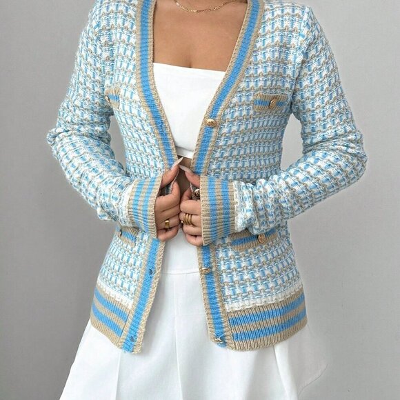 Light Blue Casual Women's Contrast Color Casual Long Sleeve Cardigan - Picture 3 of 5